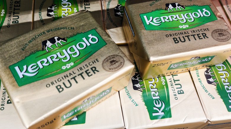 Kerry gold butter stacked on a shelf.