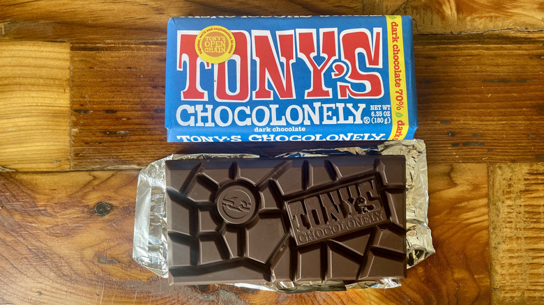 Close up of a Tony's Chocolonely bar.