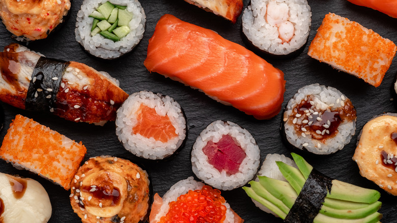An assortment of sushi on platter