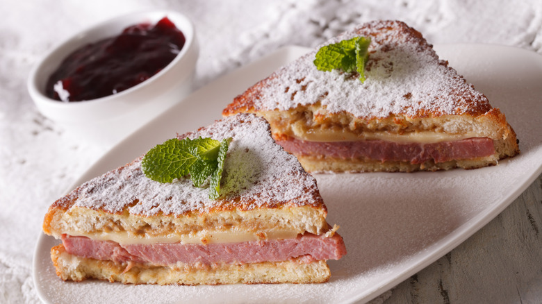 Monte Cristo sandwich with powdered sugar and jam