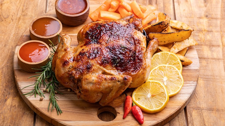 Honey-roasted chicken served alongside french fries, lemon slices, and various chili sauces