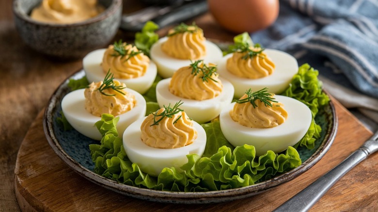 Deviled eggs on a blue plate.