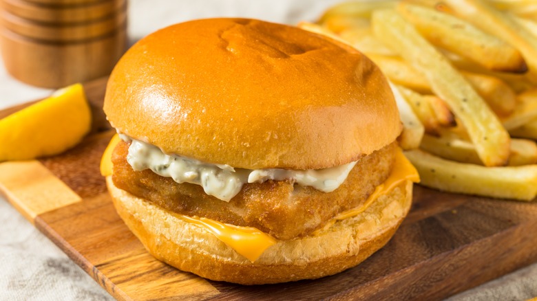 Homemade fried fish sandwich with tartar sauce