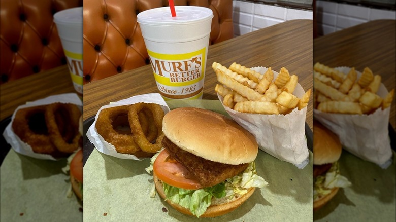 Burger, fries, onion rings, and soft drink from Murf's Better Burger