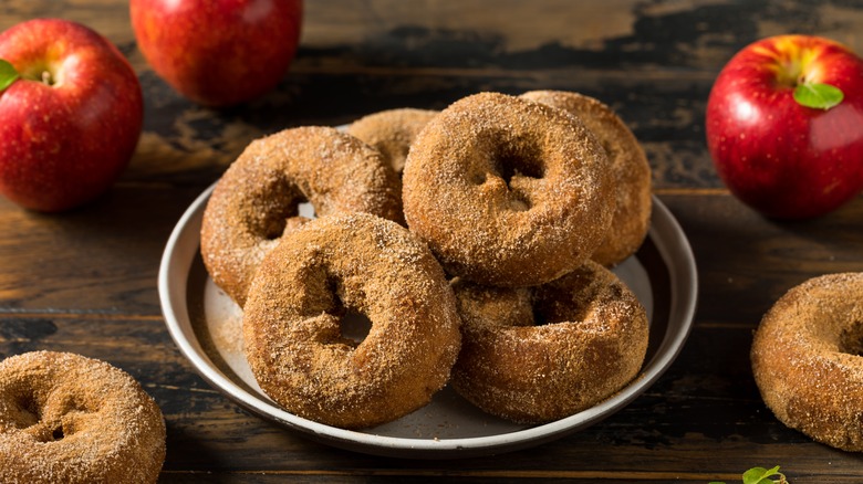 plate filled with apple cider cake donuts