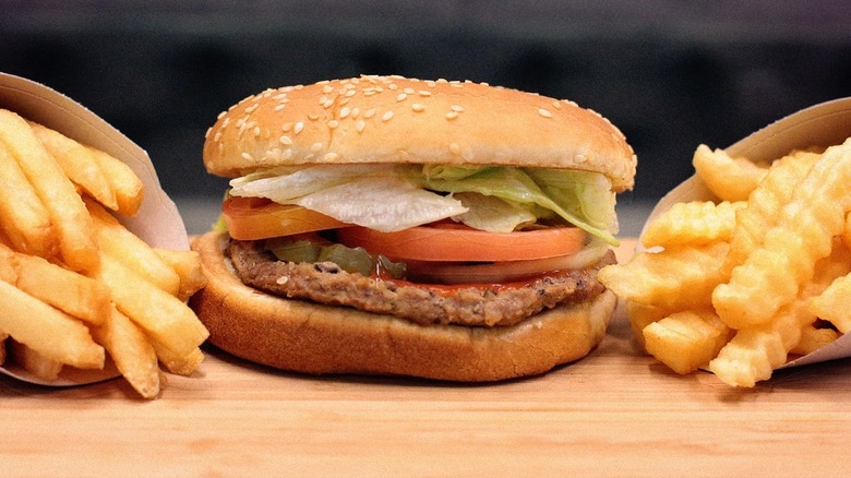 Burger King regular fries, burger, and Satisfries
