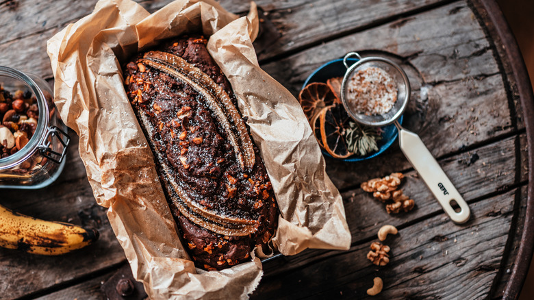 Rustic banana bread with dried fruit and nuts