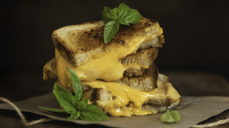 grilled cheese halves stacked on top of each other with sprigs of fresh herbs