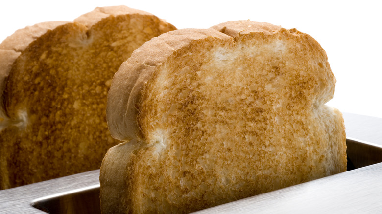 2 slices of toasted bread in a steel toaster