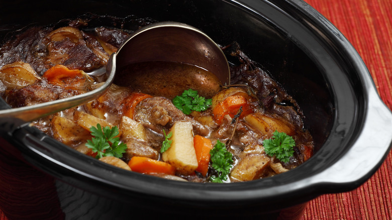 Close up of slow cooker stew