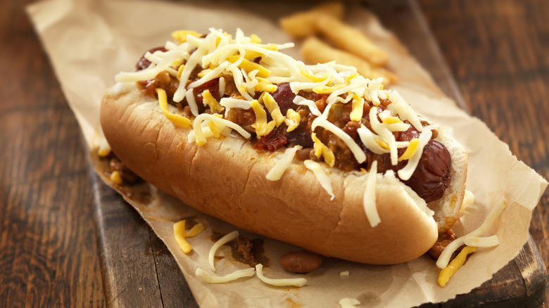 Chili cheese dog on wax paper