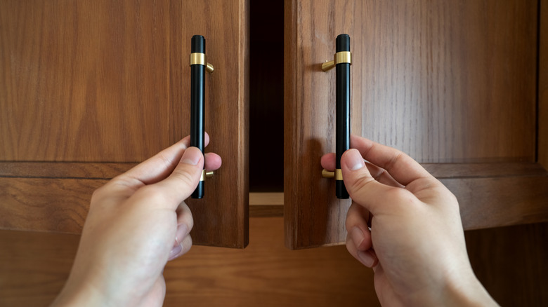 A person opening a kitchen cabinet with black and gold hardware