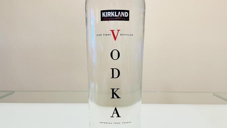 Close-up of label on bottle of Kirkland Signature French Vodka