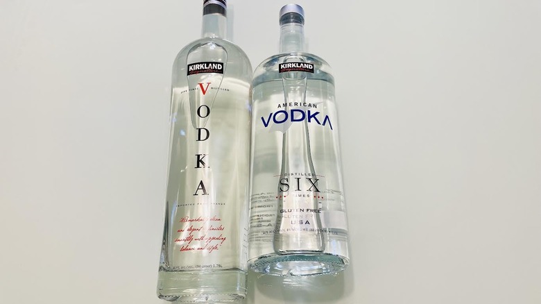 Bottles of Kirkland Signature French and American Vodkas