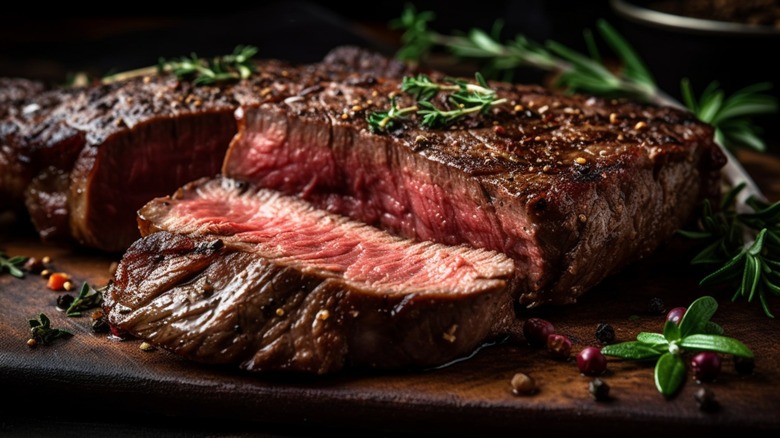 Medium rare steak sliced on wood board