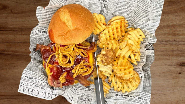 The Raspberry Jalapeno Popper burger with waffle fries