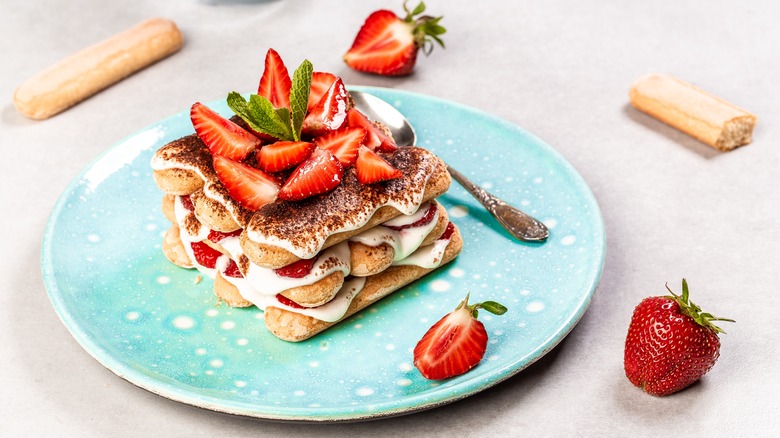 plate of strawberry tiramisu