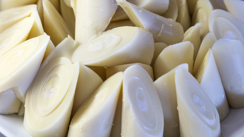 Closeup of hearts of palm cut on the bias