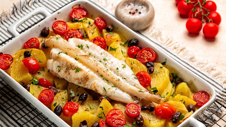 Monkfish filet on bed of vegetables