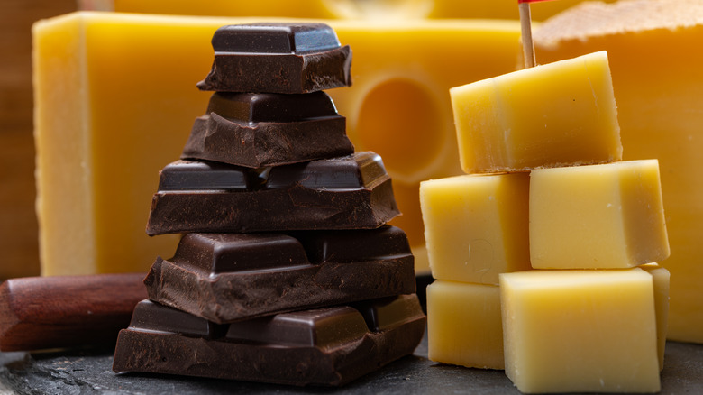 Squares of chocolate and cubes of cheese