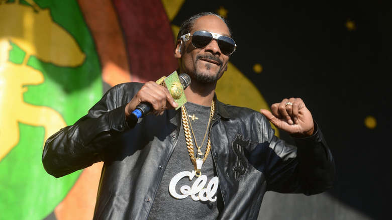 Snoop Dogg holding a microphone onstage and wearing sunglasses