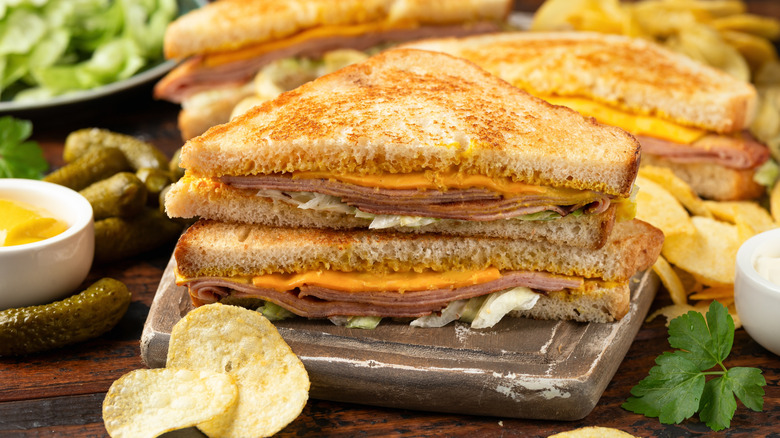 A fried bologna sandwich surrounded by chips