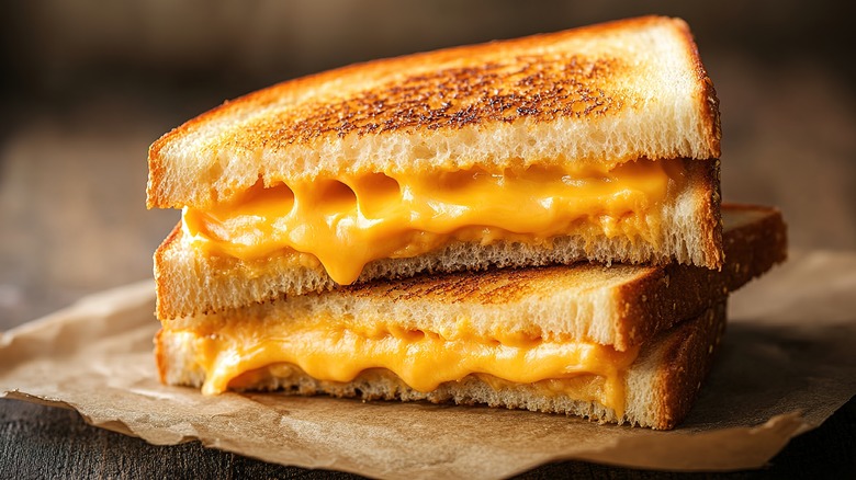 A stacked classic grilled cheese sandwich