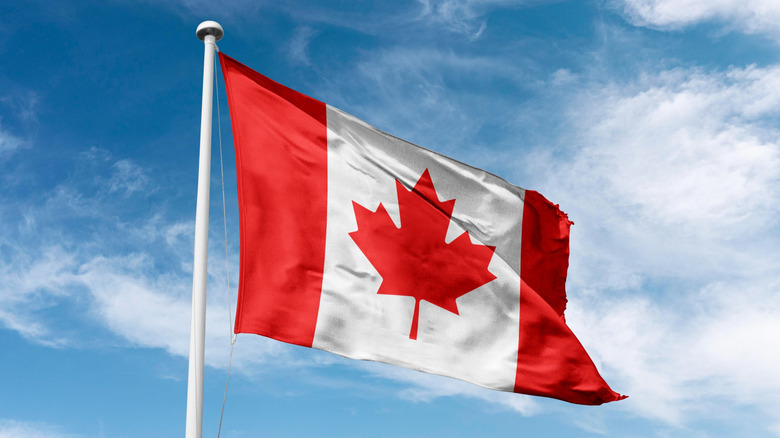 Canadian flag before a cloud-filled blue sky