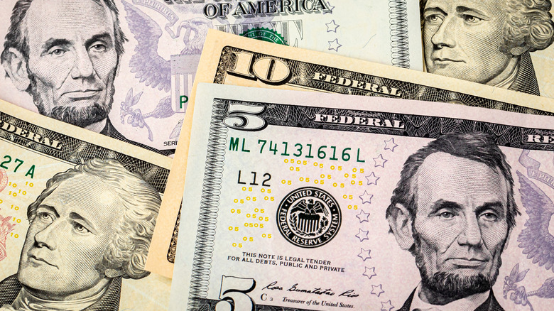 five and ten dollar bills