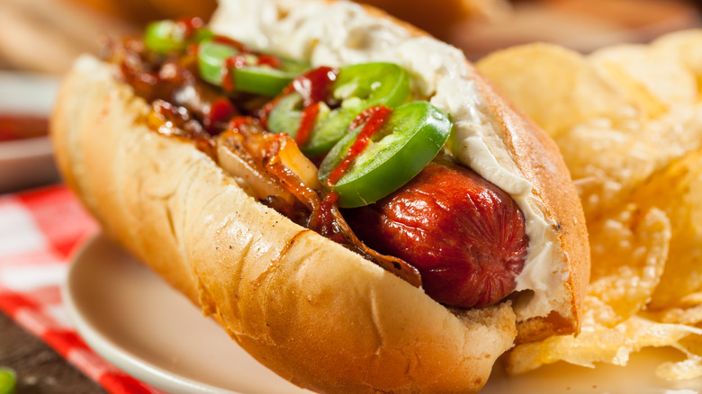 Seattle style hot dog with cream cheese and jalapeños