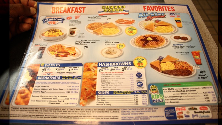 Closeup of Waffle House menu from Orlando, Florida