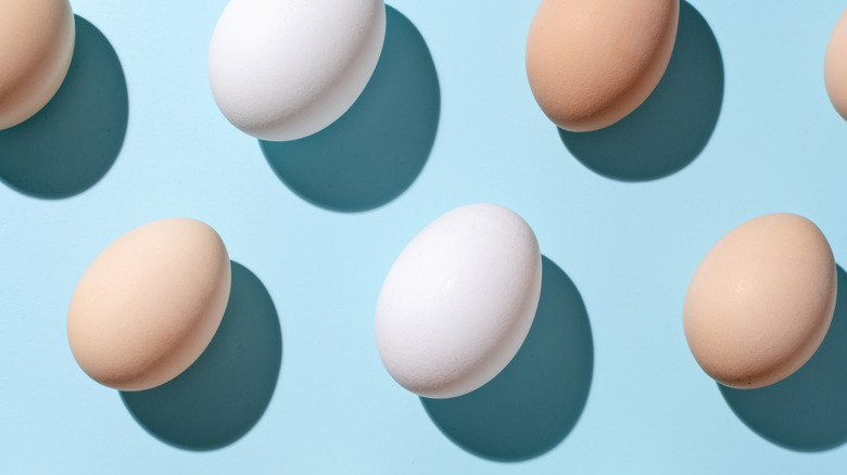 Brown and white eggs on a blue background