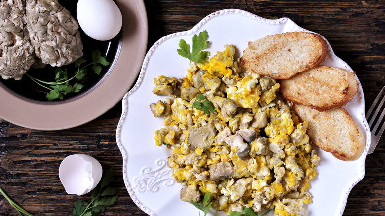 Scrambled brains 'n' eggs on plate with toast