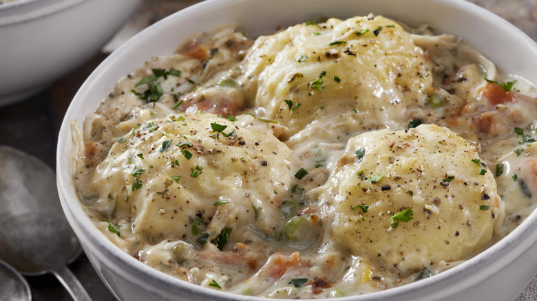 creamy chicken and dumplings served in a bowl