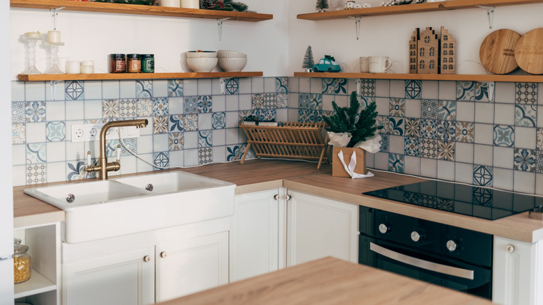 Kitchen interior with ornamental tile backsplash