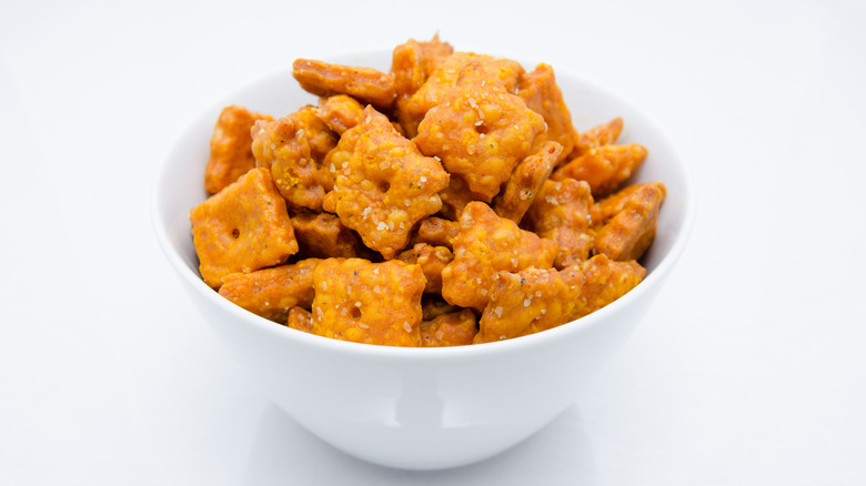 Homemade Cheez-Its in white bowl