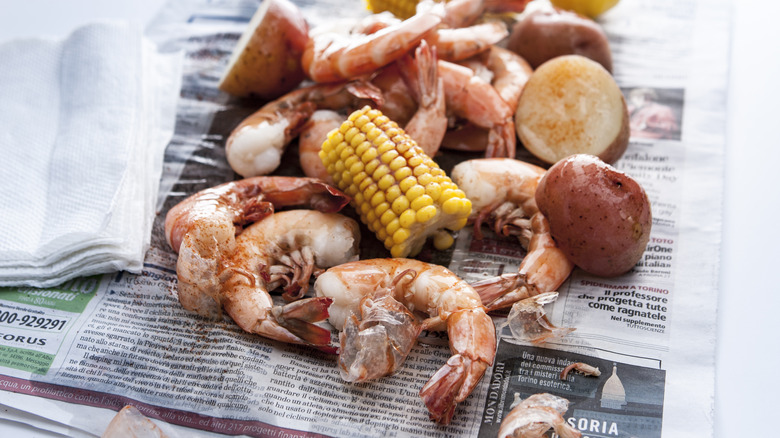 Boiled shrimp, corn, and potatoes
