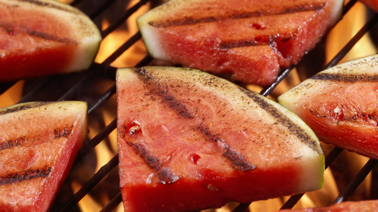 Grilled watermelon on a barbecue