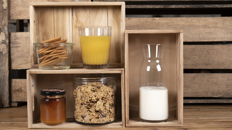 wooden crates used as pantry display