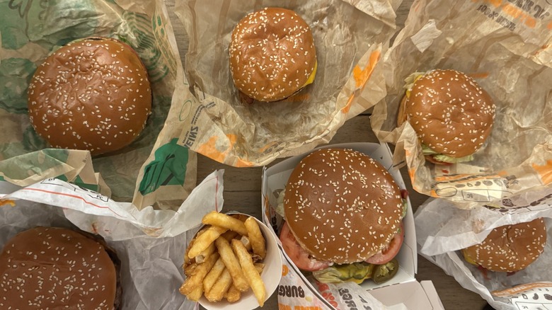 Burger King burgers on paper packaging.