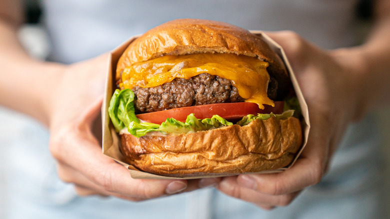 Hands holding a cheeseburger wrapped in paper
