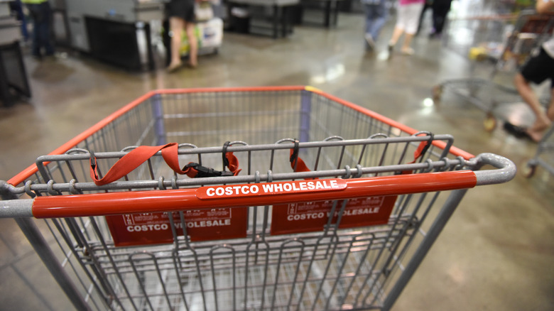 An empty Costco cart faces the check-out section of a store