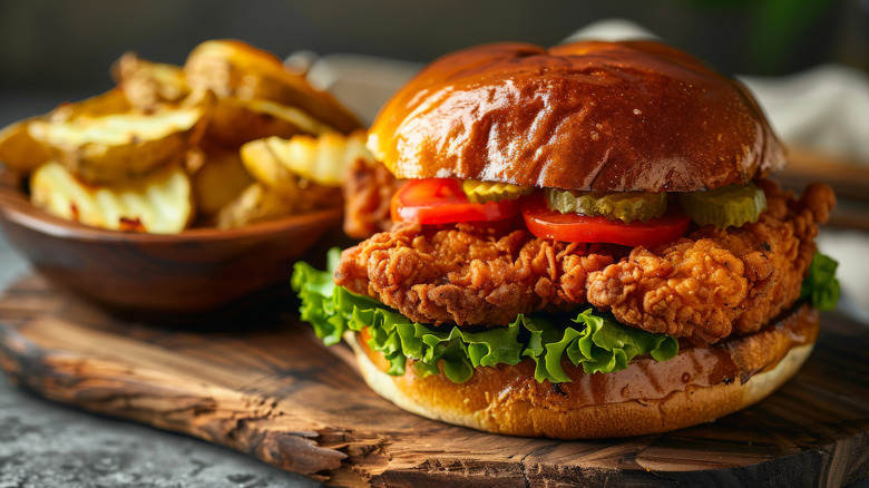 A close up of a fried chicken sandwich on a wooden plate near a bowl of pickles