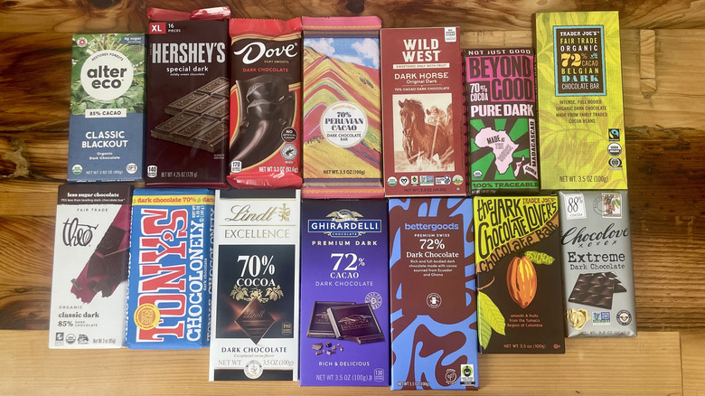 A variety of dark chocolate bars.