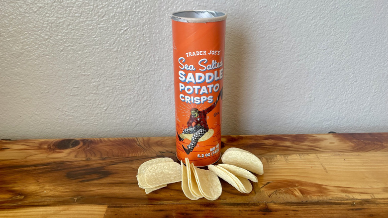 A can of Trader Joe's Sea Salted Saddle Potato Crisps