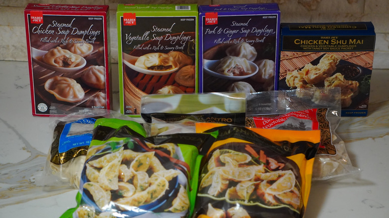 A selection of Trader Joe's frozen dumplings on a counter