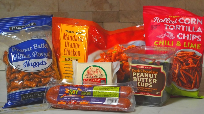 A selection of Trader Joe's Hall-of-Fame products sit on a countertop