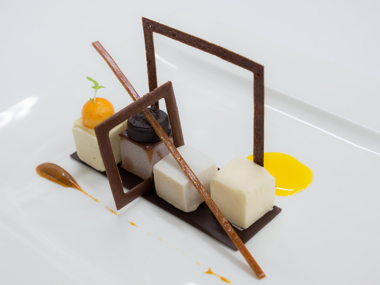 Roger van Damme's signature dessert: a geometric melange of sweet textures and tastes.