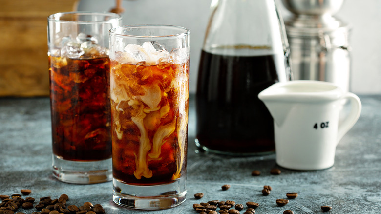 pitcher and glasses of cold brew coffee
