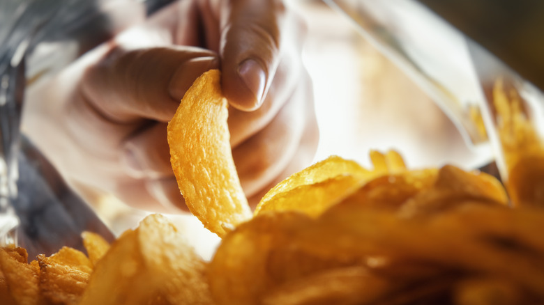 person grabbing potato chip in bag